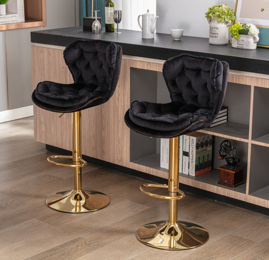 Plush Velvet Black & Gold Bar Stool - Set of 2