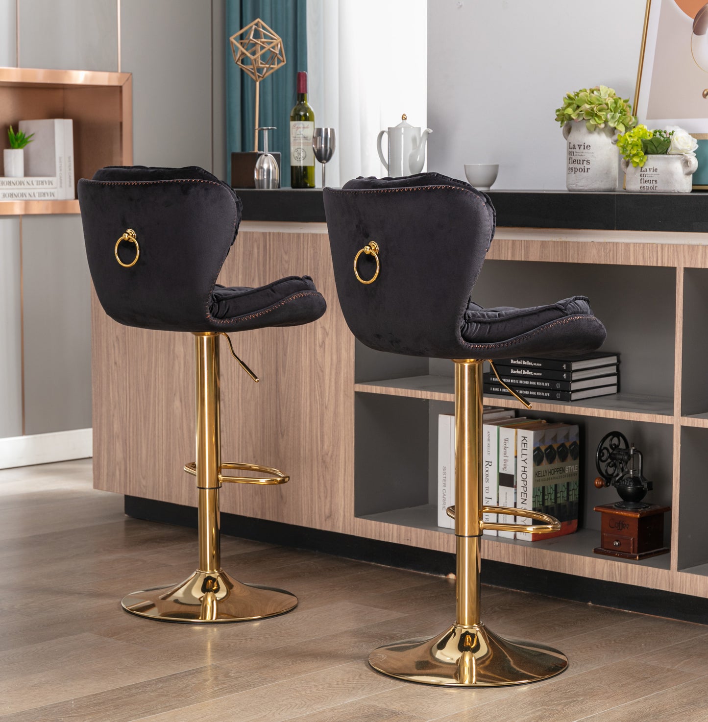 Plush Velvet Black & Gold Bar Stool - Set of 2