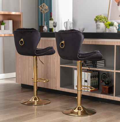 Plush Velvet Black & Gold Bar Stool - Set of 2