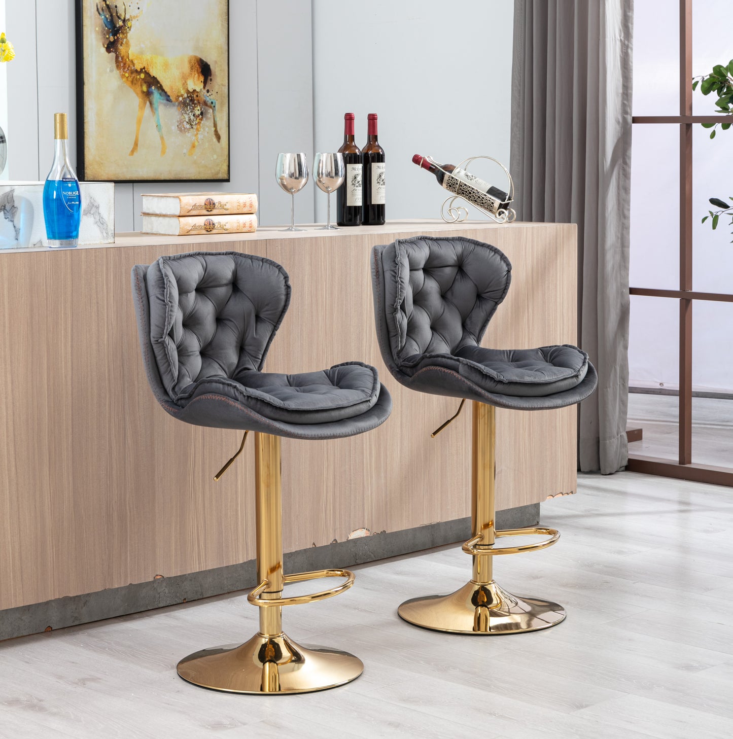 Plush Velvet Grey & Gold Bar Stool Set of 2 - Meen Tribe