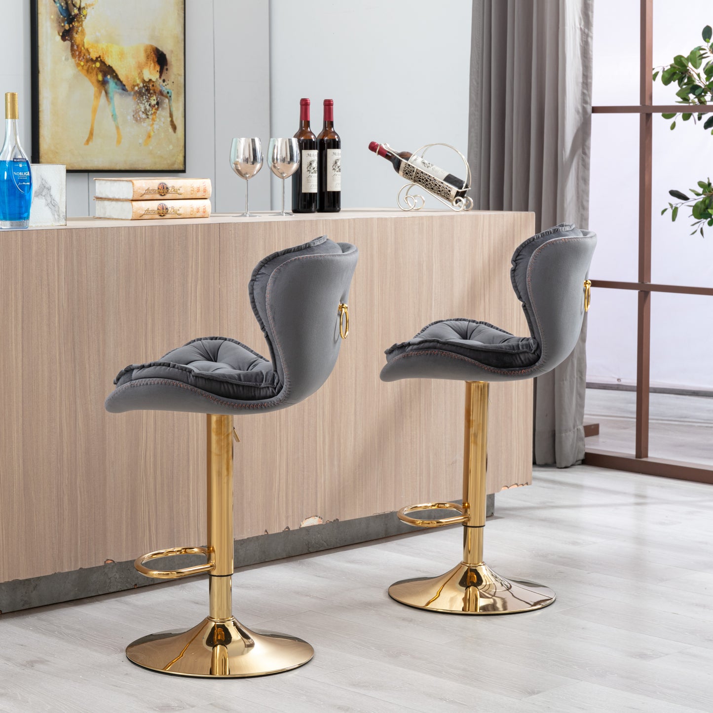 Plush Velvet Grey & Gold Bar Stool - Set of 2