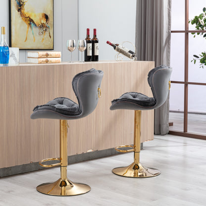 Plush Velvet Grey & Gold Bar Stool - Set of 2
