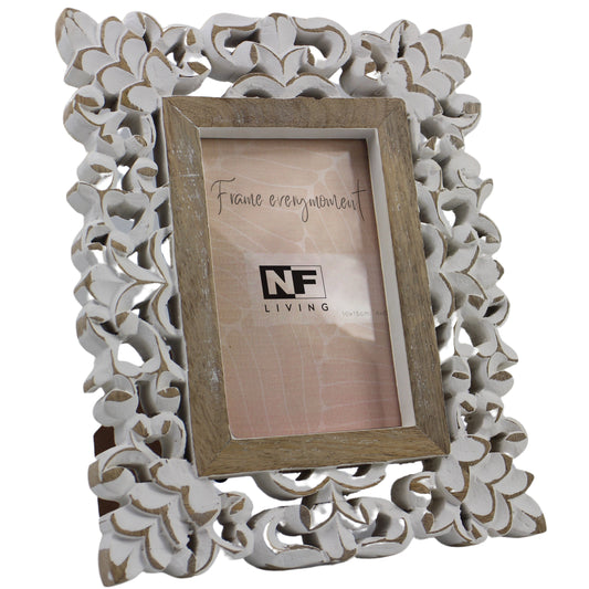 Mango Wood Ornate Photo Frame – Whitewashed Floral Carving & Easel Stand