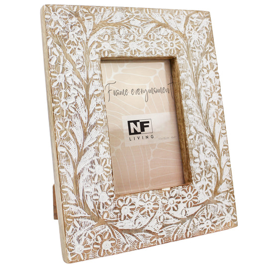 Mango Wood Dina Photo Frame - White Floral Lace Carving with Glass & Easel Stand