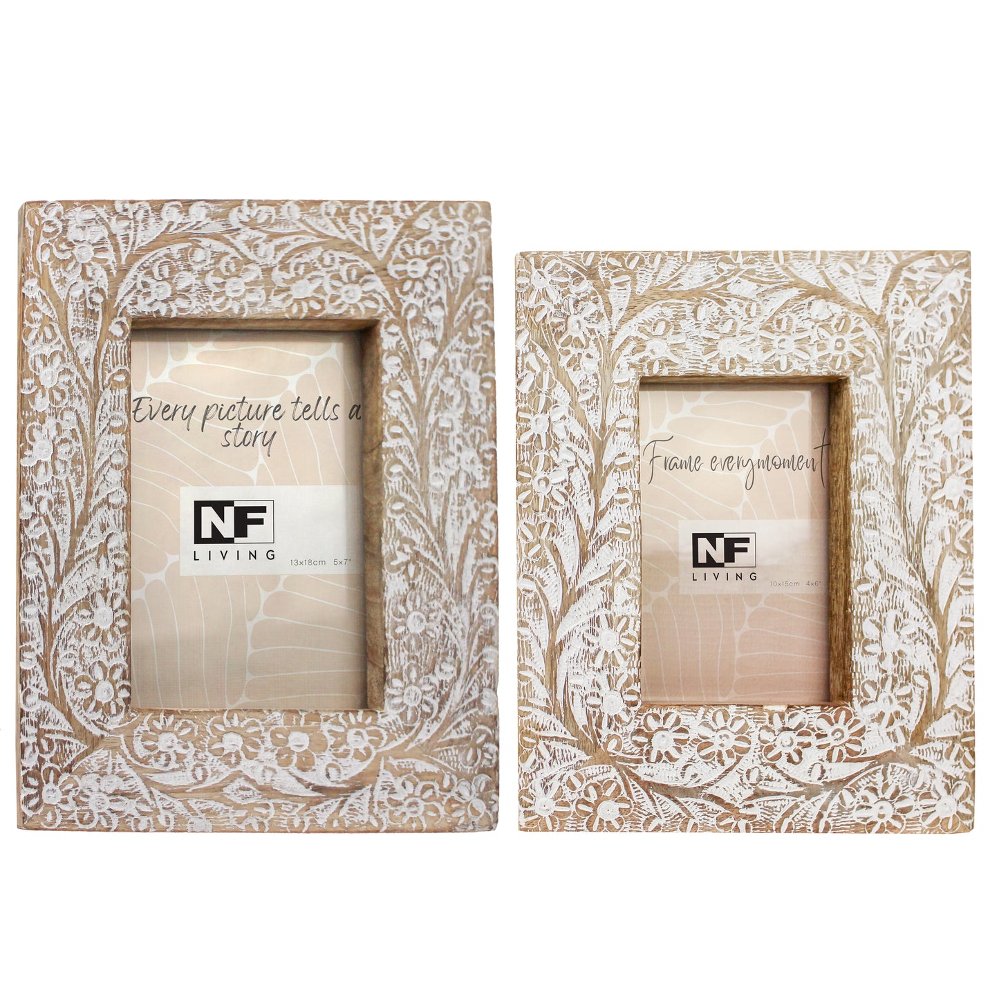 Mango Wood Dina Photo Frame - White Floral Lace Carving with Glass & Easel Stand