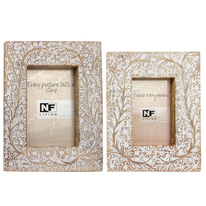 Mango Wood Dina Photo Frame - White Floral Lace Carving with Glass & Easel Stand