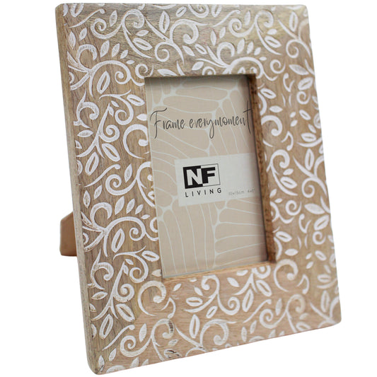 Mango Wood Bloom Photo Frame – White Floral Swirl Carving with Glass & Easel Stand