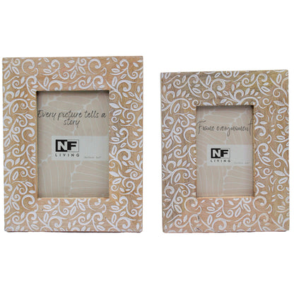 Mango Wood Bloom Photo Frame – White Floral Swirl Carving with Glass & Easel Stand