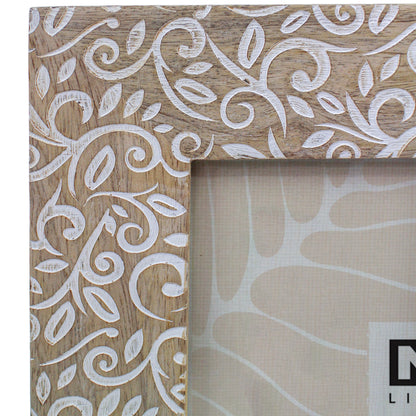 Mango Wood Bloom Photo Frame – White Floral Swirl Carving with Glass & Easel Stand