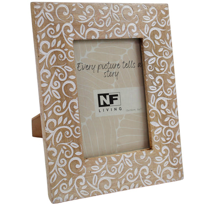 Mango Wood Bloom Photo Frame – White Floral Swirl Carving with Glass & Easel Stand