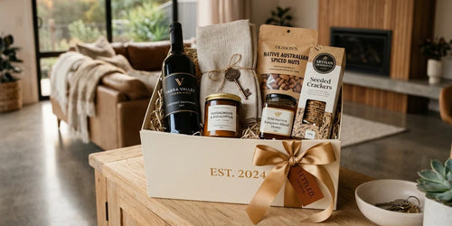 Gift box with Yarra Valley wine, candle, spiced nuts, crackers and honey on a timber table in a living room