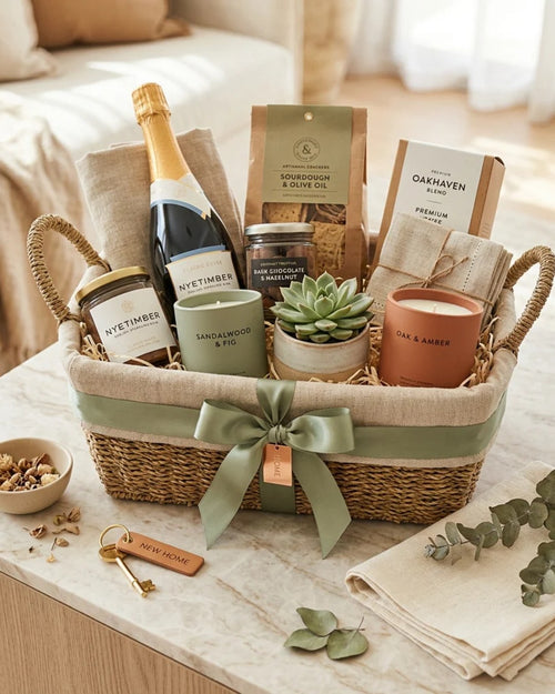 Seagrass gift basket with sparkling wine, candles, a succulent and gourmet treats