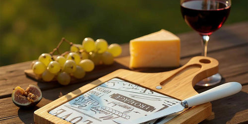 Bamboo cheese board with glass insert and cheese knife, served with cheese, grapes and red wine