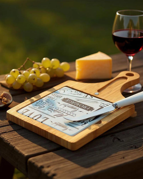 Bamboo cheese board with glass insert and cheese knife, served with cheese, grapes and red wine