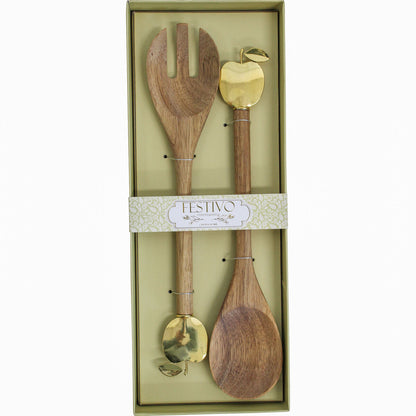 Apple Server Set of 2 – Acacia Wood & Gold Serving Spoons