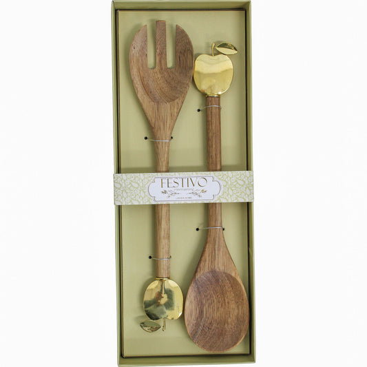Apple Server Set of 2 – Acacia Wood & Gold Serving Spoons